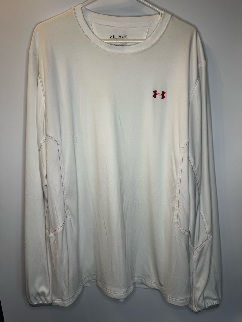 Under Armour White Long Sleeve Performance Tee with Red Logo